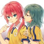  2boys aqua_eyes blue_hair brown_eyes inazuma_eleven_(series) inazuma_eleven_go kariya_masaki kirino_ranmaru lightning_bolt long_hair mouth_hold multiple_boys pink_hair raimon riho short_hair soccer_uniform sportswear twintails 