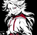  1boy black_background bust face gloves goalkeeper grin hidaring inazuma_eleven_(series) inazuma_eleven_go inazuma_eleven_go_galaxy ixal_fleet long_hair looking_at_viewer male monochrome phobos_quasar pointy_ears red_eyes smile solo spot_color 