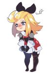  1girl :t ahoge anger_vein armor armored_dress bad_id bad_tumblr_id blonde_hair blue_eyes boots bow bravely_default:_flying_fairy bravely_default_(series) breastplate edea_lee faulds gloves hair_bow lilirulu long_hair solo thigh_boots thighhighs 
