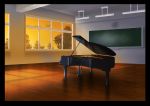  behoimi_(artist) border chalkboard classroom highres no_humans piano scenery sunset tree window 