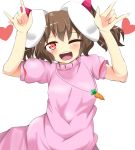  1girl animal_ears brown_hair carrot dress heart inaba_tewi jewelry karatakewari looking_at_viewer necklace one_eye_closed open_clothes open_jacket pendant pink_dress pose puffy_sleeves rabbit_ears red_eyes short_sleeves simple_background smile solo touhou white_background wink 