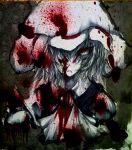  1girl blood blood_on_face blood_splatter bloody_clothes bow fang hat highres looking_at_viewer mob_cap photo red_eyes remilia_scarlet ribbon savatario shikishi short_hair solo spot_color touhou traditional_media 