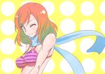  1girl bikini love_live!_school_idol_project nishikino_maki one_eye_closed raguro redhead scarf short_hair smile solo striped striped_bikini striped_swimsuit swimsuit violet_eyes wink 