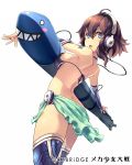  1girl bikini_top blue_eyes breast_press breasts bridal_gauntlets brown_hair copyright_name elbow_gloves foreshortening gloves headphones highres keypot looking_at_viewer mecha_shoujo_taisen_z official_art open_mouth short_hair simple_background solo tattoo thighhighs torpedo watermark white_background 