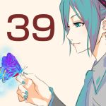  1girl 39 aqua_eyes aqua_hair butterfly hatsune_miku smile solo vocaloid yamada_(gotyui) 