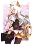  1girl absurdres ahoge animal_ears black_legwear cherry_blossoms from_behind highres leg_up long_hair looking_back mouth_hold original petals scan school_briefcase school_uniform shibano_kaito skirt solo tail thigh-highs tiger_ears tiger_tail toast toast_in_mouth violet_eyes white_hair 
