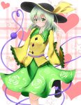  1girl blush bow green_eyes green_hair hat hat_bow heart heart_of_string komeiji_koishi leg_lift solo touhou wide_sleeves ymd_(holudoun) 