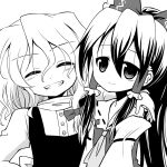  2girls arm_around_neck ascot bare_shoulders bow bust detached_sleeves grin hair_bow hair_tubes hakurei_reimu kirisame_marisa long_hair looking_at_viewer monochrome multiple_girls no_hat smile touhou ugatsu_matsuki 