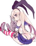  1girl amezawa_koma ass bare_shoulders black_panties blonde_hair blue_eyes bow butt_crack elbow_gloves gloves hair_bow hairband highleg highleg_panties kantai_collection long_hair looking_back miniskirt panties pleated_skirt rensouhou-chan rough shimakaze_(kantai_collection) simple_background sitting skirt solo striped striped_legwear thigh-highs thong underwear white_background white_gloves 