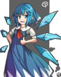  (9) 1girl :d blue_eyes blue_hair bow cirno dress hair_bow ice ice_wings open_mouth ribbon short_hair signature smile solo thumbs_up touhou uumaru1869 wings 