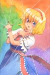  1girl alice_margatroid blonde_hair blue_eyes capelet crossed_arms dress hairband misawa_hiroshi open_mouth puppet_rings puppet_strings short_hair smile solo touhou 