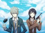  1boy 1girl black_hair blazer blue_eyes brown_eyes coppelion couple explosive gem2niki grenade gun handgun kurosawa_haruto long_hair luger_p08 naruse_ibara necktie school_uniform silver_hair sky smile striped striped_necktie watermark weapon 