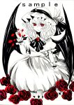  1girl 9-6 bat_wings brooch flower hat hat_ribbon jewelry light_smile mob_cap monochrome petals puffy_short_sleeves puffy_sleeves red_eyes red_rose remilia_scarlet ribbon rose rough sample short_sleeves skirt skirt_set solo spot_color touhou wings wrist_cuffs 
