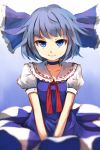  1girl blue_eyes blue_hair blurry bow choker cirno depth_of_field dress expressionless gradient gradient_background hair_bow hands_in_lap highres looking_at_viewer polka_dot polka_dot_background puffy_short_sleeves puffy_sleeves ribbon shone short_hair short_sleeves solo touhou 