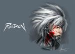 1boy blood blood_on_face character_name cyborg dated eyepatch face kumsmkii looking_at_viewer metal_gear_(series) metal_gear_rising:_revengeance raiden realistic red_eyes science_fiction short_hair signature silver_hair solo spiky_hair 