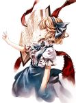  1girl absurdres alice_margatroid alice_margatroid_(pc-98) ascot blonde_hair book frills hairband highres kozou_(soumuden) open_book outstretched_arm profile puffy_sleeves ribbon shirt short_hair short_sleeves simple_background skirt solo touhou touhou_(pc-98) white_background white_shirt yellow_eyes younger 
