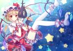  1girl arm_garter ascot blonde_hair blue_background finger_to_mouth flandre_scarlet floating gradient gradient_background hat hat_ribbon laevatein puffy_short_sleeves puffy_sleeves red_bow red_eyes red_ribbon red_skirt ribbon riichu short_hair short_sleeves side_ponytail skirt skirt_set solo star thigh-highs touhou vest white_legwear wings wrist_cuffs zettai_ryouiki 