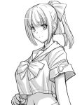  1girl blush breasts croptop female hair_bow hair_up kantai_collection large_breasts long_hair monochrome navel ponytail school_uniform simple_background sketch smile solo wanwandoh yubari_(kantai_collection) 