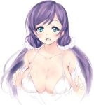  1girl bare_shoulders breasts bust collarbone green_eyes kawata_hisashi large_breasts long_hair love_live!_school_idol_project low_twintails purple_hair rough smile solo toujou_nozomi twintails 