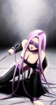  1girl blindfold chain chro_htm facial_mark fate/stay_night fate_(series) forehead_mark kneeling long_hair looking_at_viewer purple_hair rider solo thigh-highs weapon zettai_ryouiki 