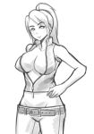  1girl belt breasts casual deeezel hand_on_hip large_breasts long_hair midriff monochrome mound_of_venus no_bra pants ponytail sarah_bryant sideboob sleeveless smile solo unzipped virtua_fighter 