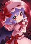  1girl bat bat_wings blue_hair bow chibi cup frills full_moon hat hat_ribbon himaya looking_back mob_cap moon puffy_short_sleeves puffy_sleeves red_eyes red_moon remilia_scarlet ribbon sash short_hair short_sleeves skirt skirt_set slit_pupils smile solo teacup touhou wings wrist_cuffs 