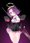  1girl black_gloves detached_wings gloves gradient gradient_background highres imu_sanjo kantai_collection mechanical_halo polearm purple_hair school_uniform short_hair simple_background smile solo sparkle spear tagme tatsuta_(kantai_collection) violet_eyes weapon wings 