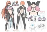  1girl barefoot black_sclera blue_eyes bodysuit breasts brown_hair character_sheet cyborg dead_or_alive dead_or_alive_5 deeezel hand_on_hip large_breasts long_hair navel phase-4 solo torn_clothes under_boob watermark web_address 