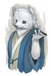  1boy animal_ears blue_eyes dog_sawa fox japanese_clothes kemono kemonobito kimono original pipe robe silver_hair smoke_pipe solo 