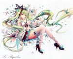  1girl absurdres bare_shoulders bow breasts butterfly cleavage detached_sleeves earrings fingernails garter_straps green_eyes green_hair hair_ribbon hatsune_miku high_heels highres jewelry long_hair looking_at_viewer nail_polish navel ribbon solo thigh-highs tidsean twintails very_long_hair vocaloid white_background white_legwear zettai_ryouiki 