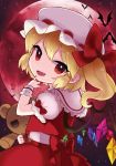  1girl bat blonde_hair bow chibi crystal fang flandre_scarlet full_moon hat hat_ribbon himaya looking_back mob_cap moon open_mouth puffy_short_sleeves puffy_sleeves red_eyes red_moon ribbon short_hair short_sleeves side_ponytail skirt skirt_set slit_pupils solo stuffed_animal stuffed_toy teddy_bear touhou vest wings 