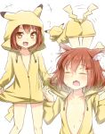  1girl ? ^_^ all_fours animal_ears brown_eyes brown_hair cat_ears closed_eyes fang flat_chest flying_sweatdrops hair_ornament hairclip hooded_jacket hoodie ikazuchi_(kantai_collection) kantai_collection kemonomimi_mode naked_hoodie no_bra open_mouth pikachu_costume short_hair smile solo sweat tail tail_wagging tori_(minamopa) 