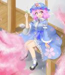  1girl cherry_blossoms dango food hat japanese_clothes kimono open_mouth petals pink_eyes pink_hair saigyouji_yuyuko solo touhou triangular_headpiece wagashi wide_sleeves ymd_(holudoun) 