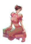  1girl alternate_color alternate_footwear boots bow box brown_eyes brown_hair bun_cover china_dress chinese_clothes christmas chun-li double_bun gift gift_box highres jaimito kneeling lips mittens pantyhose short_hair smile solo street_fighter 
