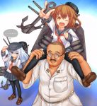  ... 1boy 2girls :d anchor aqua_hair blue_eyes brown_eyes brown_hair carrying em_s fang glasses hair_ornament hairclip hat hat_tip hibiki_(kantai_collection) highres ikazuchi_(kantai_collection) kantai_collection kudou_shunsaku long_hair looking_at_viewer machinery multiple_girls neckerchief one_eye_closed open_mouth pantyhose personification pointing school_uniform serafuku short_hair shoulder_carry skirt smile thigh-highs wink 