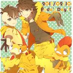  2boys brown_hair character_request clenched_teeth crossover dated dual_persona fudou_akio gloves green_eyes grin highres hoodie inazuma_eleven inazuma_eleven_(series) inazuma_eleven_go long_hair male_focus multicolored_hair multiple_boys pokemon pokemon_(creature) polka_dot polka_dot_background saku_anna scrafty scraggy short_hair smile two-tone_hair 