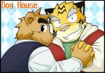  2boys animal_ears bear brown_hair dog_house holding_hands inuinu kemono kemonobito stripes tiger 