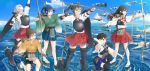  6+girls a6m_zero akagi_(kantai_collection) annotated archery arrow black_legwear blue_eyes blue_hair bow_(weapon) brown_eyes brown_hair flight_deck green_eyes grey_hair hair_ribbon hairband highres hiryuu_(kantai_collection) japanese_clothes kaga_(kantai_collection) kantai_collection kyuudou long_hair multiple_girls muneate ocean omochi_(youmu46) personification pleated_skirt quiver ribbon sandals short_hair shoukaku_(kantai_collection) side_ponytail silver_hair skirt souryuu_(kantai_collection) standing_on_water tabi thigh-highs twintails weapon white_legwear yellow_eyes yugake zuikaku_(kantai_collection) 