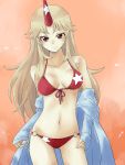  1girl bangs bikini blonde_hair bra breasts collarbone front-tie_top hand_on_hip horn hoshiguma_yuugi jack_(wkm74959) large_breasts looking_at_viewer midriff navel o-ring_bottom open_clothes red_bikini red_eyes smile star swimsuit touhou underwear 