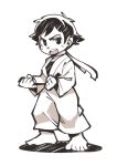  1girl barefoot blush_stickers chibi dougi hounori makoto monochrome scarf short_hair solo street_fighter 