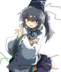  1girl agaryaashika bangs cowboy_shot grey_eyes grey_hair hat japanese_clothes kariginu looking_at_viewer mononobe_no_futo parted_lips ponytail ribbon shade short_hair simple_background smile solo tate_eboshi touhou white_background 