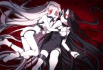  2girls airfield_hime battleship-symbiotic_hime black_dress black_hair breasts choker cleavage dress glowing glowing_eyes highres hime_takeo horns kantai_collection long_hair multiple_girls open_mouth pale_skin red_eyes shinkaisei-kan very_long_hair white_hair 