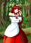  1girl animal_ears bare_shoulders brown_hair dress fang flower forest holding holding_flower imaizumi_kagerou long_hair nature touhou wolf_ears 
