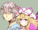  1boy 1girl blonde_hair bust choker eyeball eyebrows frown gap glasses gloves grey_background hand_on_another&#039;s_shoulder hat hat_ribbon looking_at_viewer looking_away mob_cap morichika_rinnosuke ribbon rough short_hair silver_hair simple_background smirk touhou violet_eyes yakumo_yukari yellow_eyes yuichiitan 