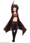  1girl advance_wars advance_wars:_dual_strike afro arms_up black_hair black_legwear brown_eyes cat_(advance_wars) coat flat_chest highres jaimito midriff navel open_clothes open_coat pantyhose short_hair shorts smile solo tank_top trench_coat 