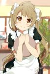  1girl apron blush brown_eyes brown_hair dress long_hair looking_at_viewer love_live!_school_idol_project maid minami_kotori ogipote puffy_sleeves short_sleeves smile solo twintails waitress 