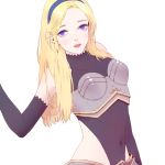  1girl adapted_costume armor black_gloves blonde_hair blue_eyes covered_navel gloves headband heather37 highres league_of_legends long_hair luxanna_crownguard solo white_background 