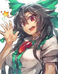  1girl black_hair blouse hair_between_eyes highres long_hair looking_at_viewer outstretched_hand red_eyes reiuji_utsuho short_puffy_sleeves smile solo solo_focus star temmasa22 third_eye touhou white_clothes 