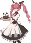  1girl :3 animal_ears apron cat_ears faris_nyannyan holding kosumo_(kosuhoshi) looking_at_viewer pantyhose pink_hair simple_background smile solo steins;gate tray twintails waitress white_background 