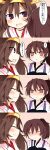  2girls 4koma brown_hair comic detached_sleeves double_bun hair_ornament hairband headgear highres japanese_clothes kaga_(kantai_collection) kantai_collection kongou_(kantai_collection) long_hair matsushita_yuu multiple_girls nontraditional_miko short_hair side_ponytail translated 